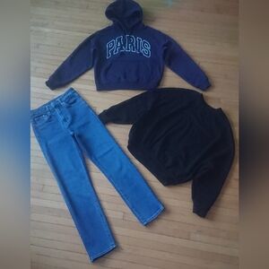 H&M 3-piece set: jeans + Guess black Sweatshirt + blue Hoodie, size US 2